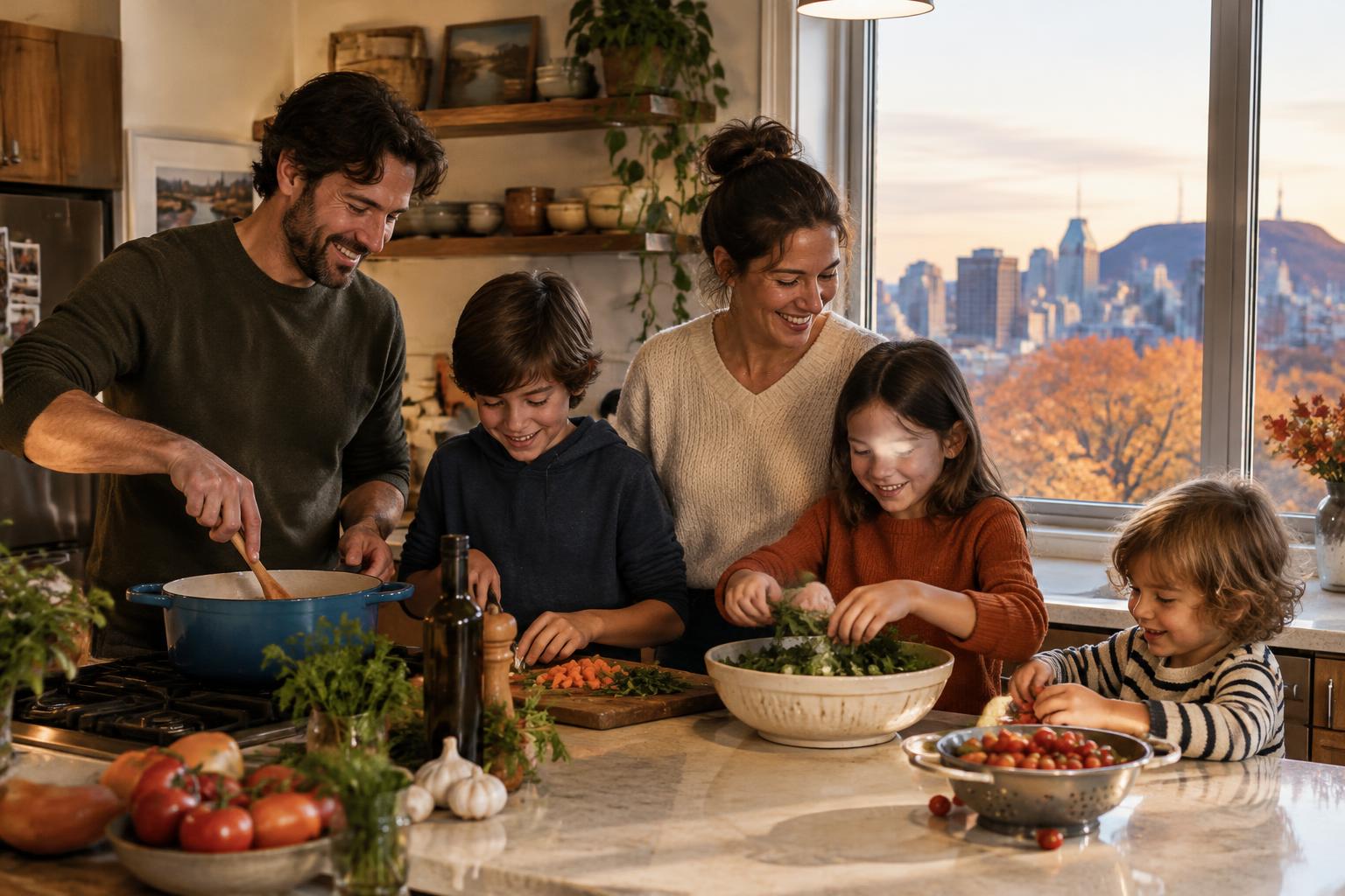 Une famille qui cuisine le souper ensemble