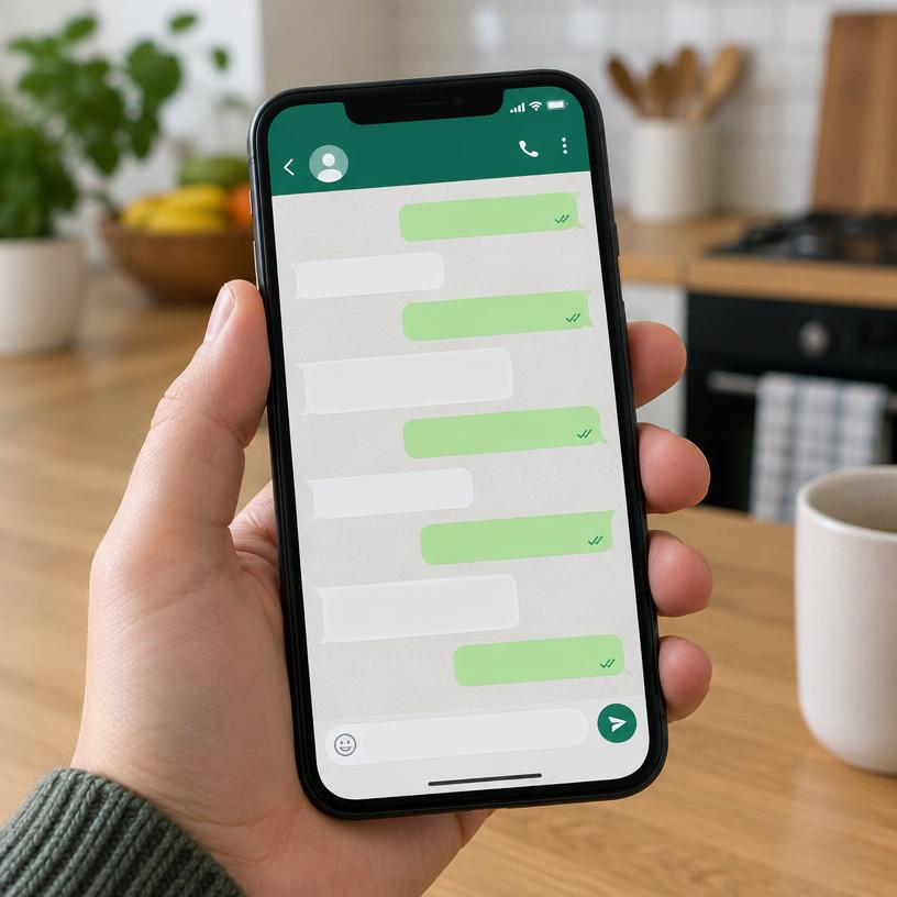 Une main qui tient un téléphone avec une conversation ouverte